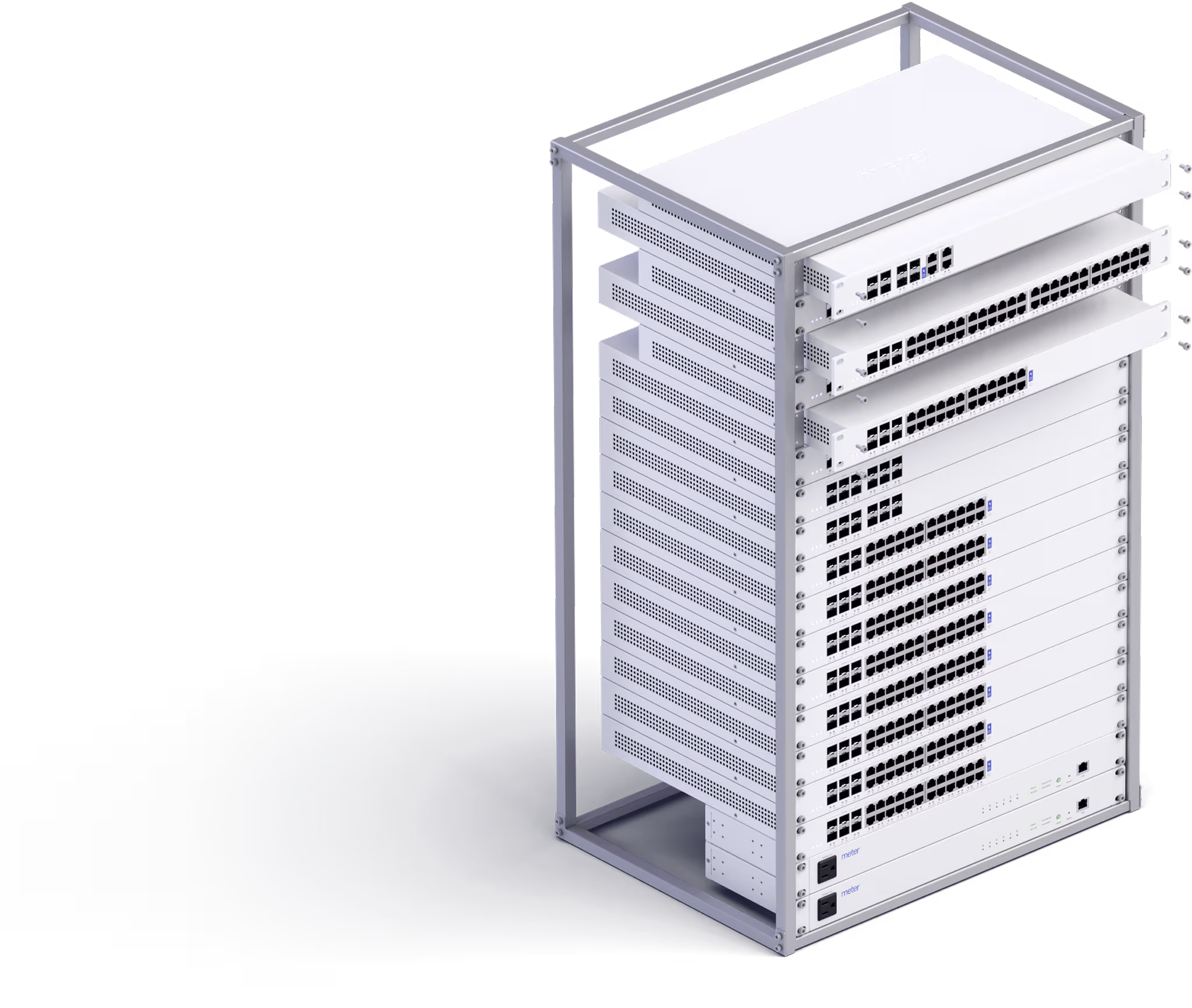 Meter 18U Rack: 2× F1 Firewalls, 2× S1 Core Switches, 2× MP01 PDUs, 2× S2 48-Port Switches, 10× S1 24-Port Switches